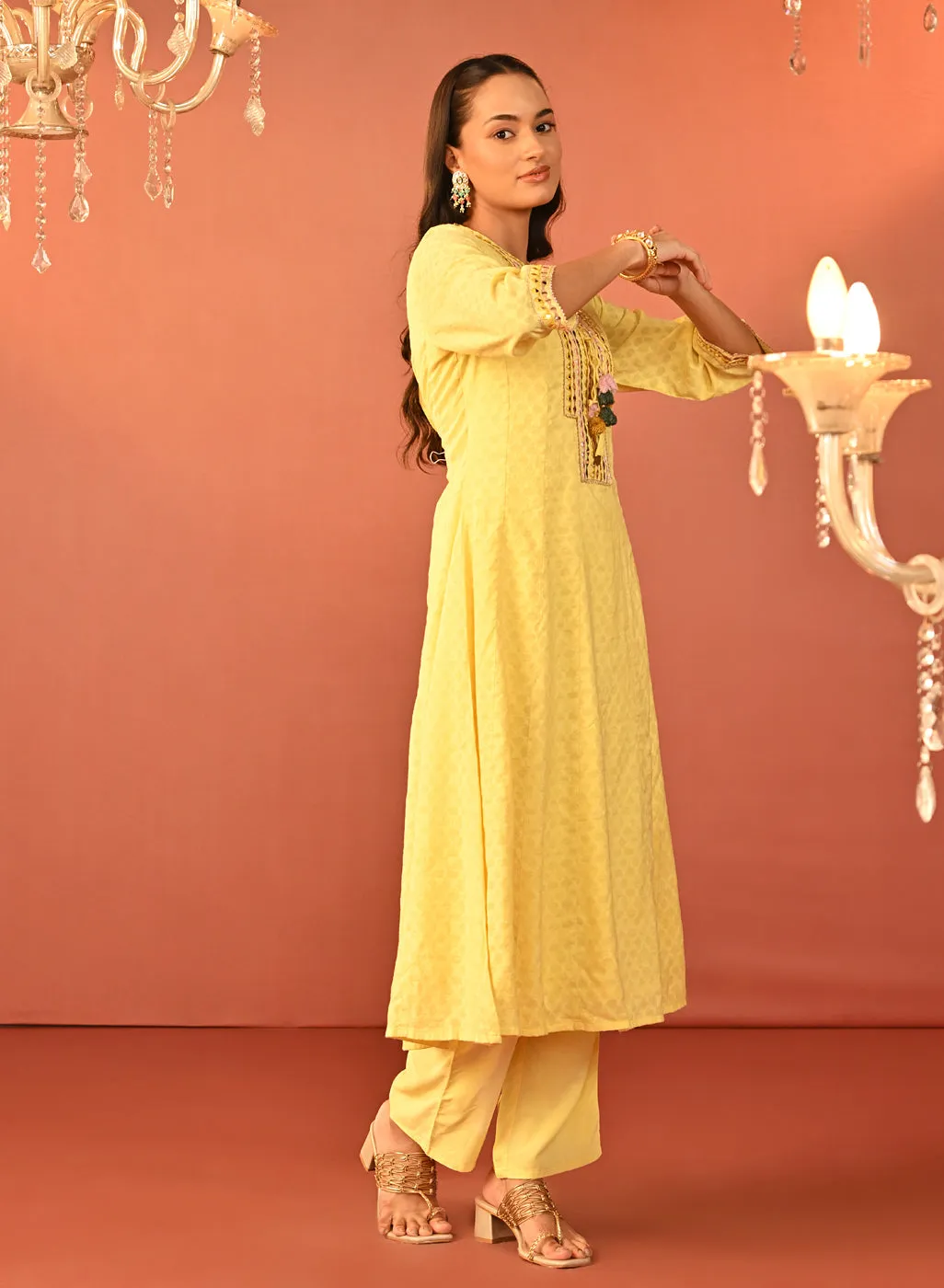 Shanaya Lemon Embroidered Cotton Jacquard Kurta Set for Women