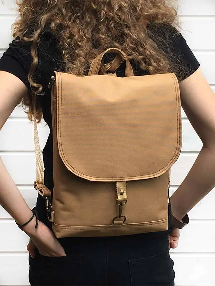 Vegan Mustard Brown Minimalist Slim Backpack Convertible bag