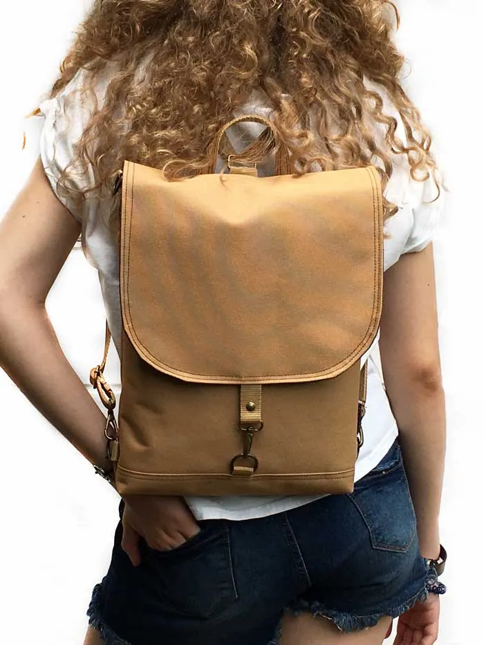 Vegan Mustard Brown Minimalist Slim Backpack Convertible bag