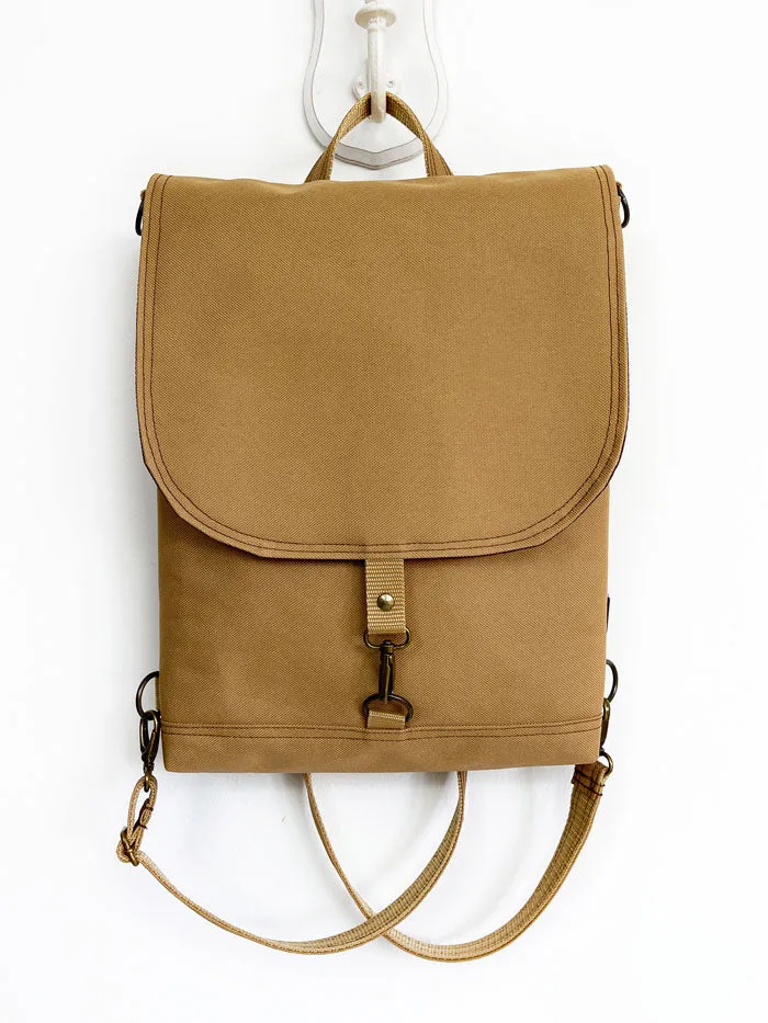 Vegan Mustard Brown Minimalist Slim Backpack Convertible bag