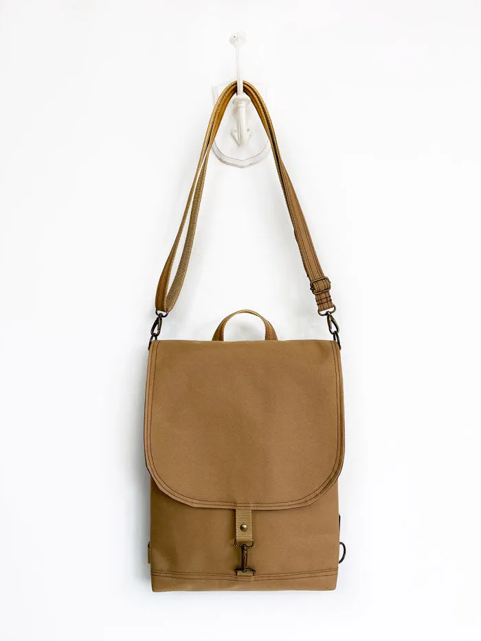 Vegan Mustard Brown Minimalist Slim Backpack Convertible bag