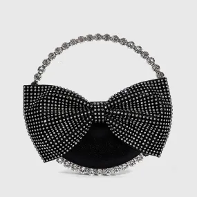 Vintage Crystal Embellished Bow Semicircular Velvet Clutch Bag - Black