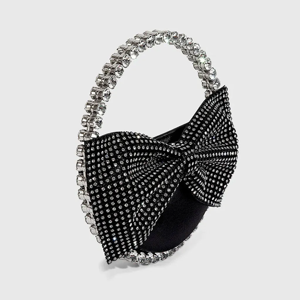 Vintage Crystal Embellished Bow Semicircular Velvet Clutch Bag - Black