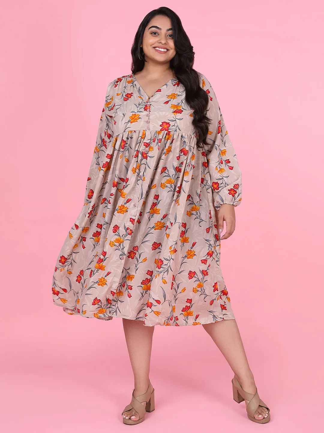 Women Floral Beige Empire Midi Dress