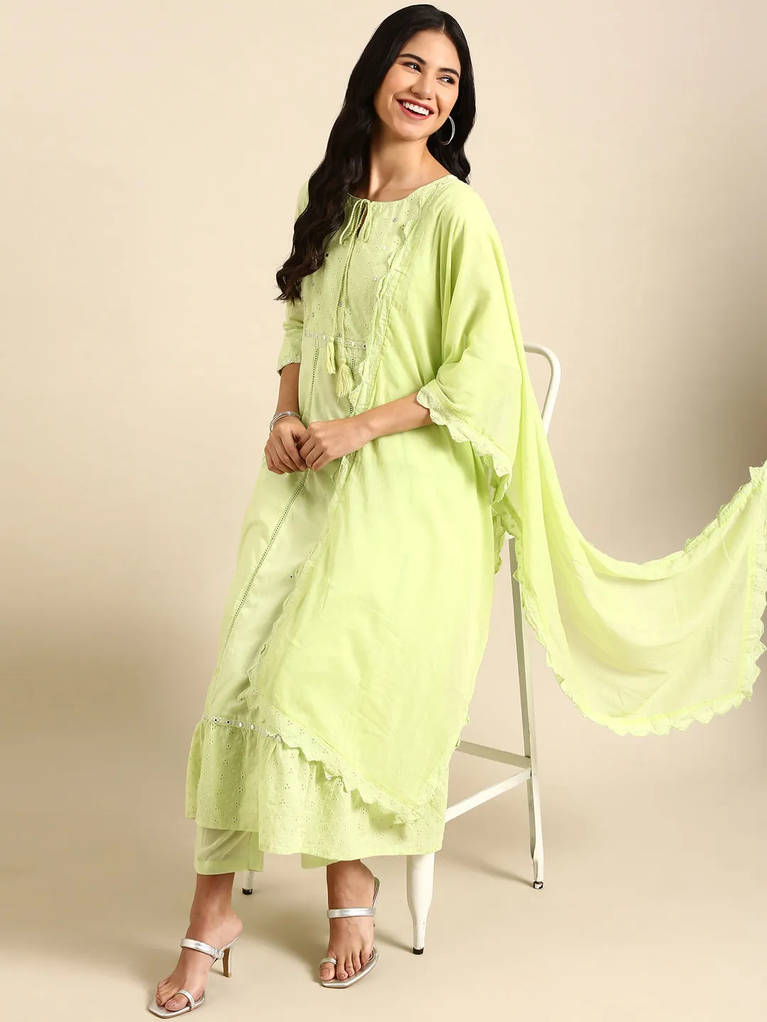 Women Solid Green Anarkali Kurta Set with Dupatta