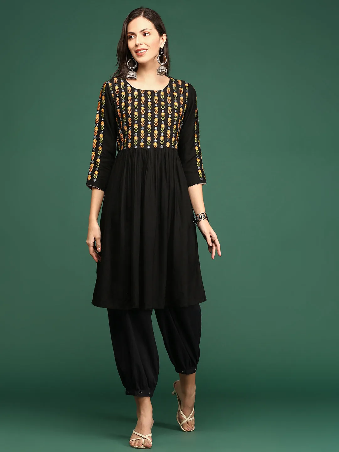 Women's Black Embroidered Anarkali Kurta