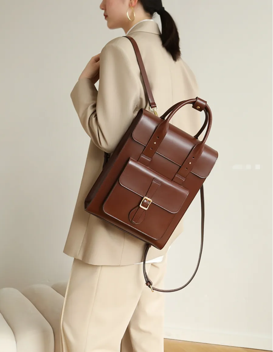 Womens Genuine Leather Flap Satchel Laptop Backpack Briefcase Bags